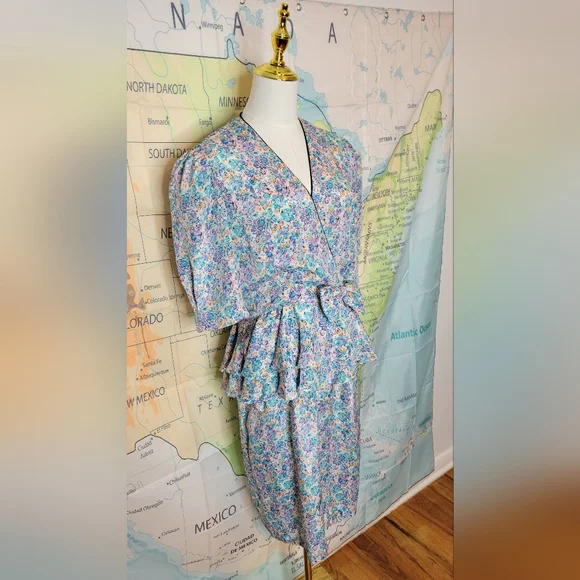 Vintage 1980sJT Dress Floral Wrap Dress with Blue and Pink Accents Size 10